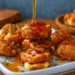 Mini Chicken & Waffles Bites with Hot Honey drizzled with honey and chives