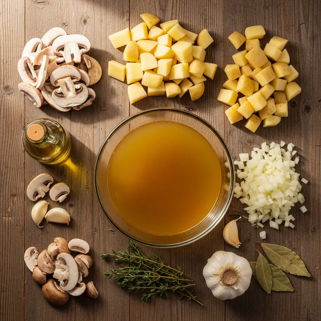 Mushroom Potato Soup ingredients flat lay