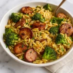 Ingredients for One-Pan Chicken Sausage Orzo on a wooden counter