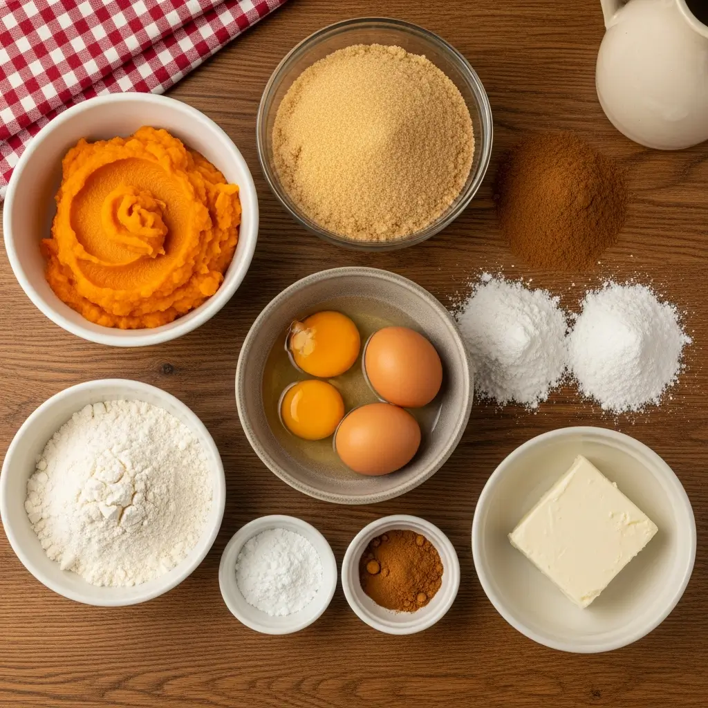 Ingredients for Paula Deen Pumpkin Bars laid out for baking.