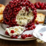 Pomegranate Jeweled Cheeseball on wooden platter with crackers