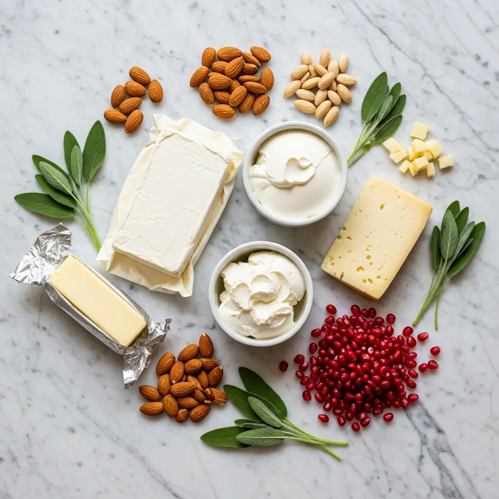 Ingredients for Pomegranate Jeweled Cheeseball arranged on countertop
