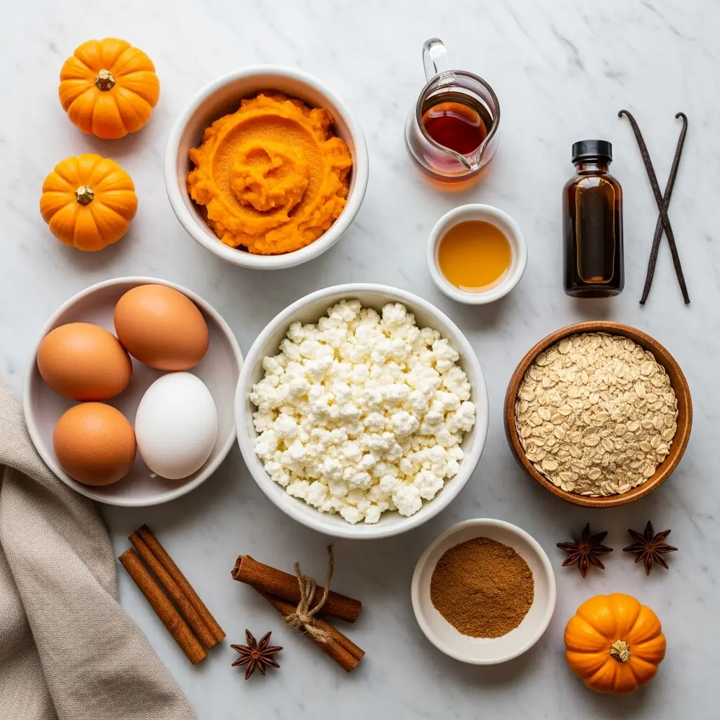 Pumpkin Cottage Cheese Bake Ingredients Flat Lay