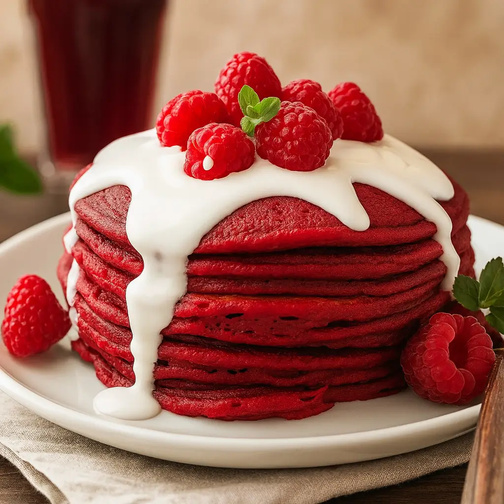 Red Velvet Pancakes with Cream Cheese Glaze – Holiday Brunch Magic