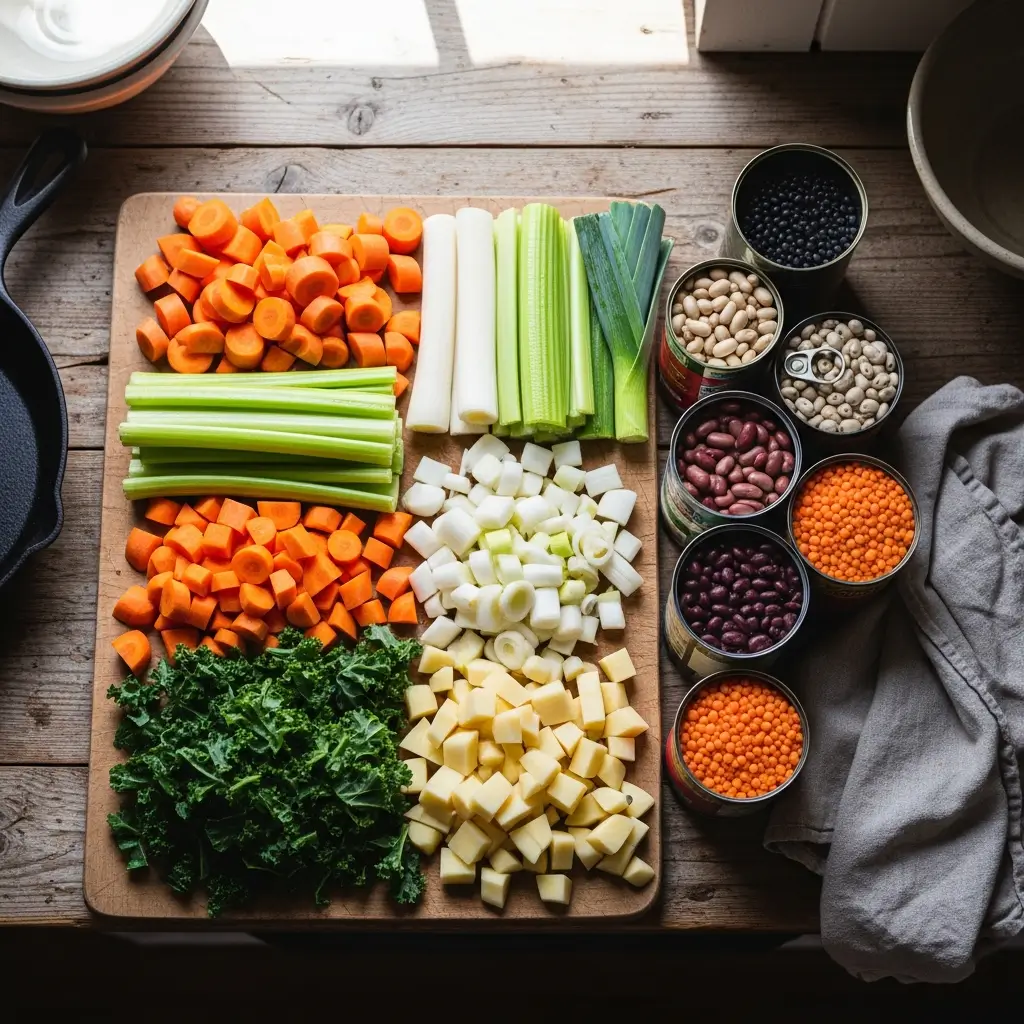 Simple But Perfect Vegetable Soup ingredients flat lay