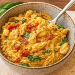 Slow Cooker Creamy Tuscan Chicken Orzo in a bowl