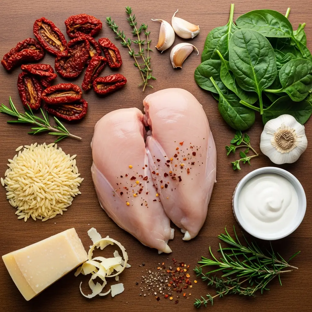 Ingredients for Slow Cooker Creamy Tuscan Chicken Orzo