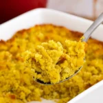 Southern Cornbread Dressing baked in cast iron skillet