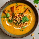 Spicy Parsnip and Sweet Potato Soup with chili drizzle and parsnip chips
