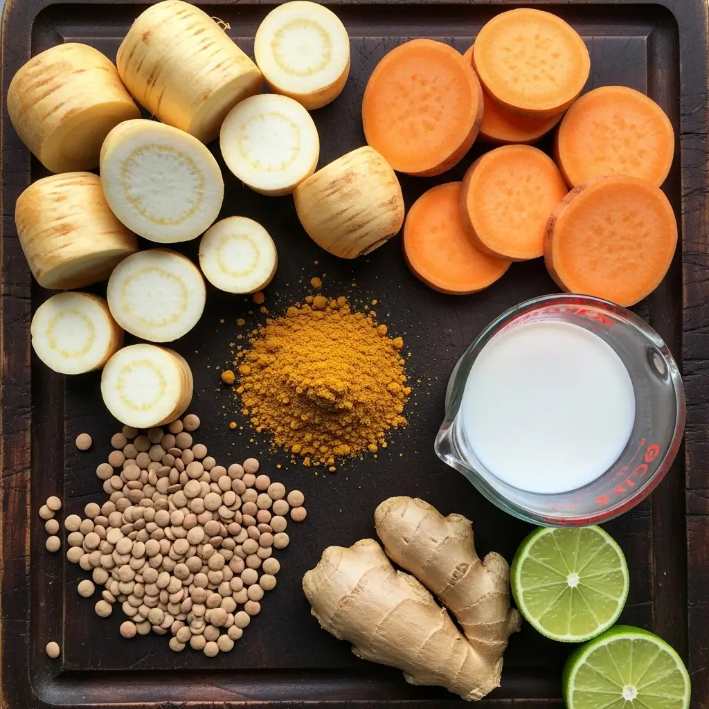 Fresh ingredients for Spicy Parsnip and Sweet Potato Soup