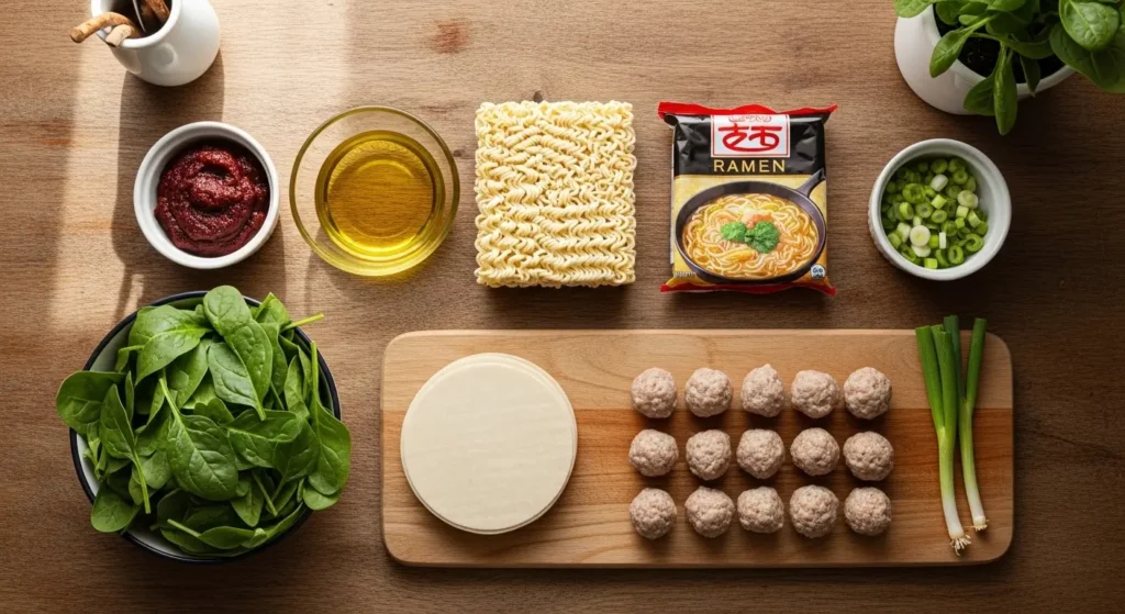 Spicy Wonton Noodle Soup ingredients on counter