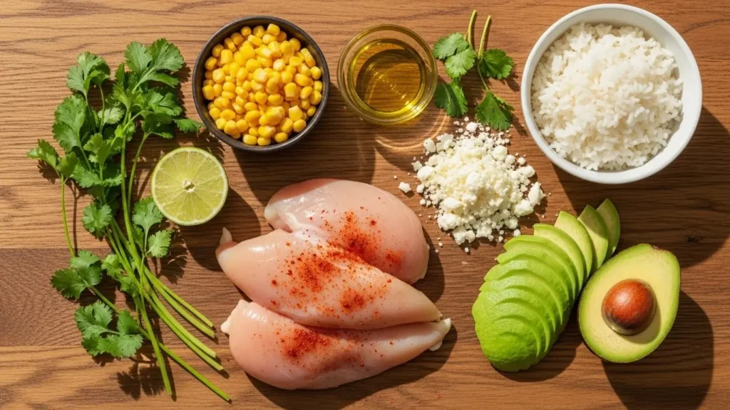 Ingredients for Street Corn Chicken Rice Bowl including chicken, corn, lime, and cilantro