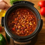 Three Bean Vegetarian Chili in bowl with toppings