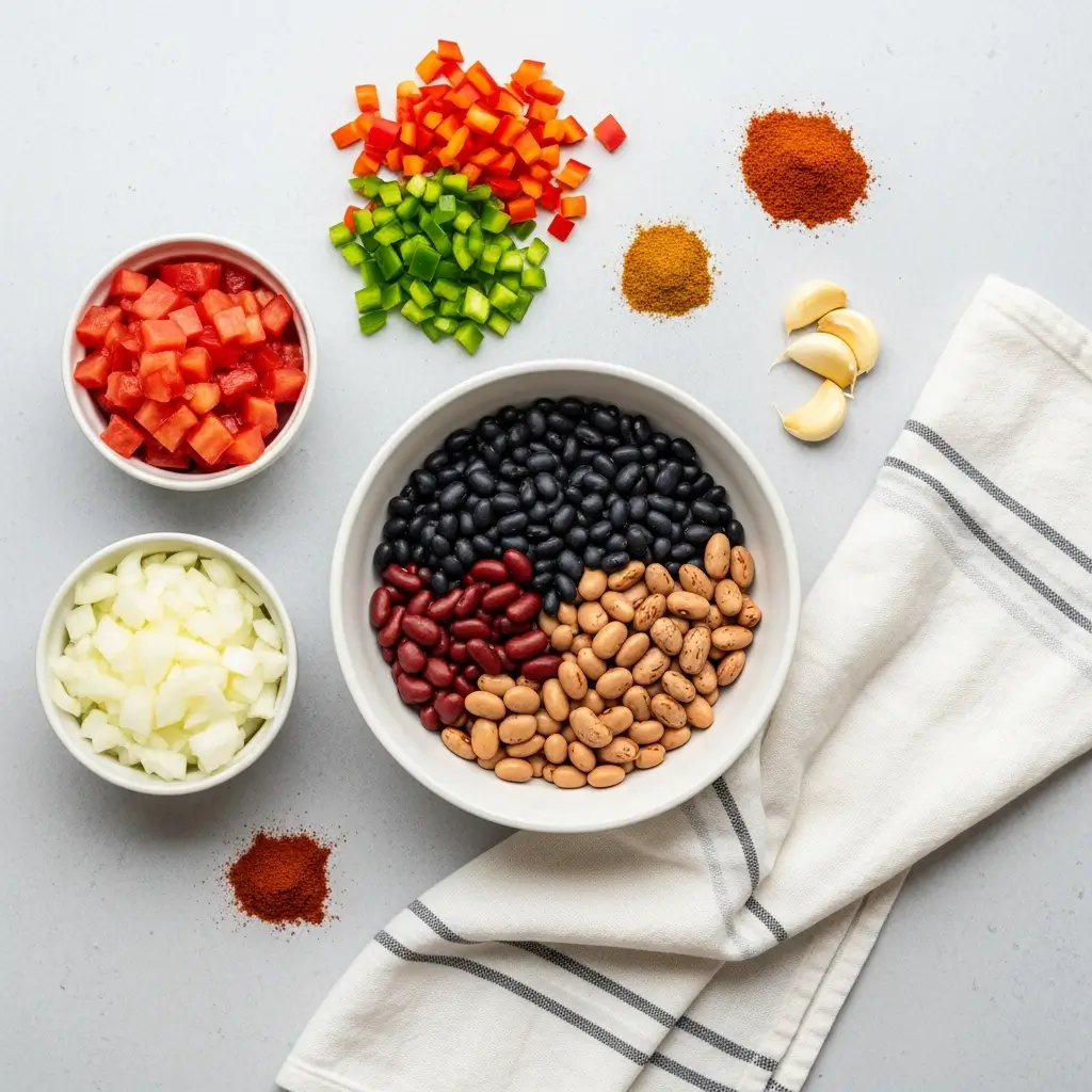 Three Bean Vegetarian Chili ingredients flat lay