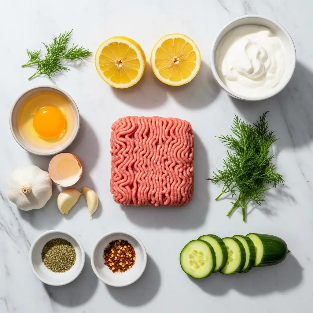 Turkey Greek Meatballs ingredients flat lay