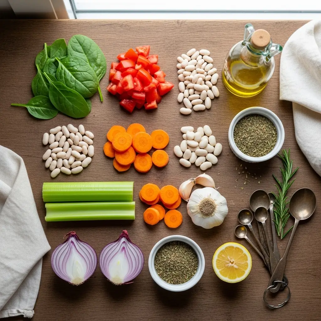Tuscan White Bean Soup ingredients arranged on counter