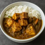 Vegan Jamaican Curry Tofu served with rice and cilantro”