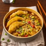 Vegetable Gyoza Soup in a bowl with noodles and dumplings