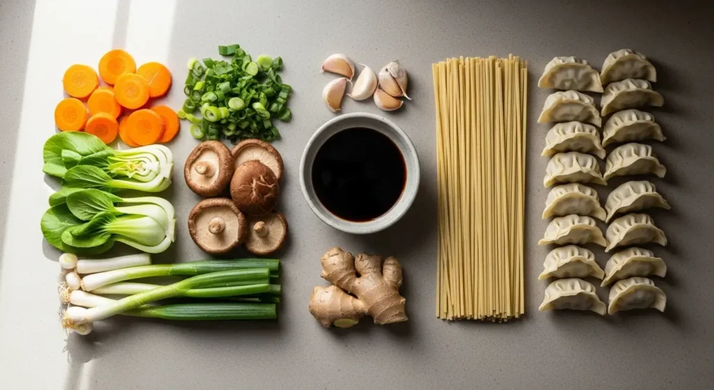 Ingredients for Vegetable Gyoza Soup displayed on counter