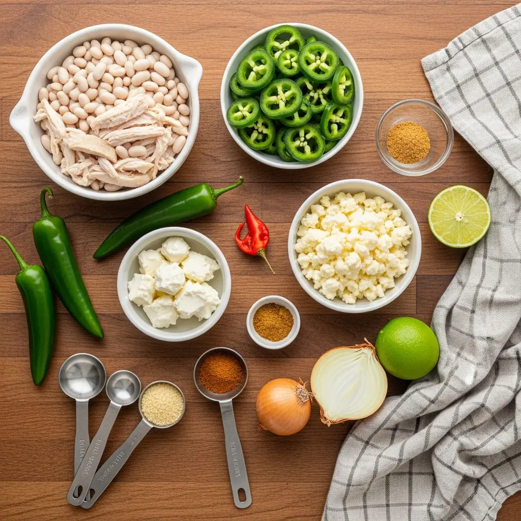 White Chicken Chili ingredients laid out on counter”