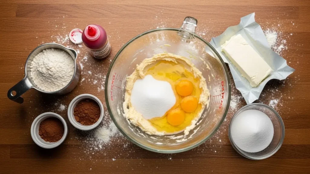Red Velvet Cheesecake Brownies ingredients on counter