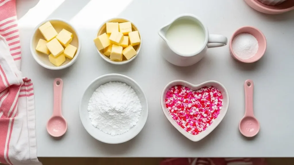 Valentine’s Day Fudge ingredients flat lay