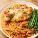 Baked Ricotta Chicken fresh from oven with melted cheese and basil