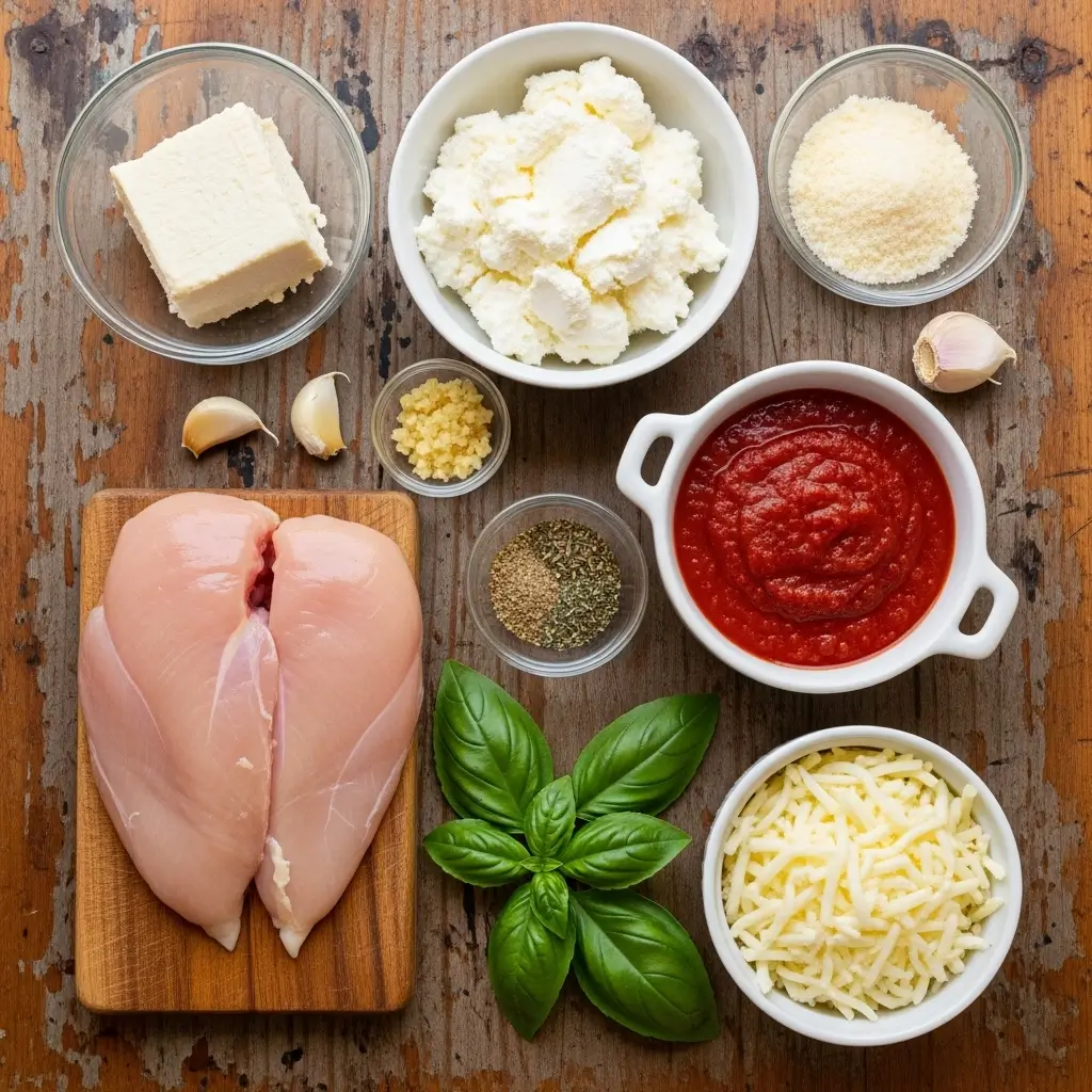 Baked Ricotta Chicken ingredients flat lay