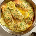 Baked Salmon with Lemon Butter Cream Sauce plated with parsley and lemon slices