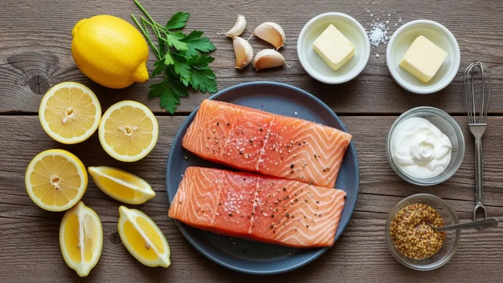 Ingredients for Baked Salmon with Lemon Butter Cream Sauce displayed on counter