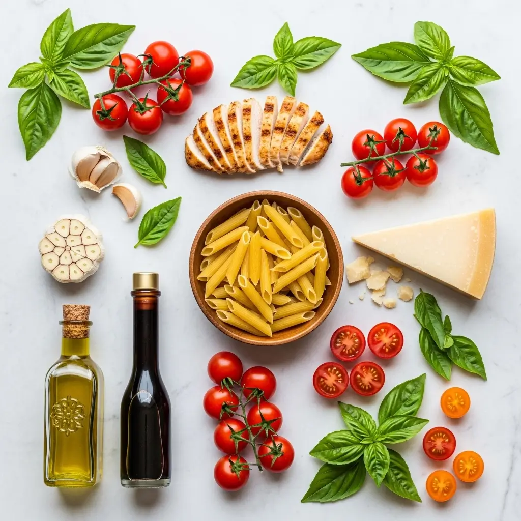 Bruschetta Chicken Pasta ingredients on marble counter