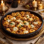 Cheesy Beef Tortellini Bake with golden cheese topping