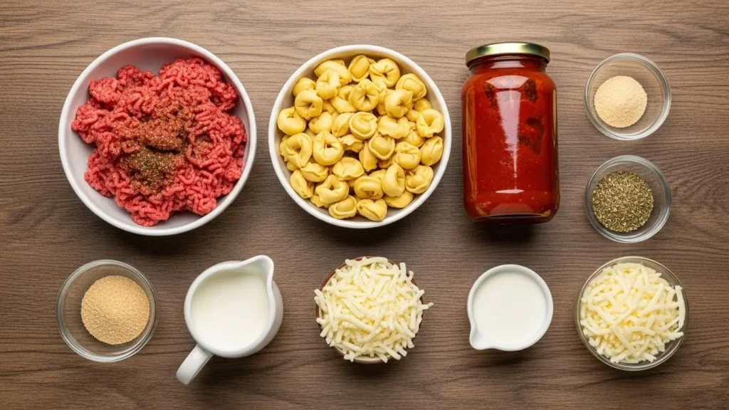 Ingredients for Cheesy Beef Tortellini Bake