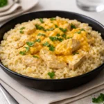 Cheesy Chicken and Rice in casserole dish