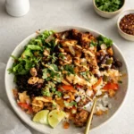 Chicken Fajita Bowl with rice and peppers