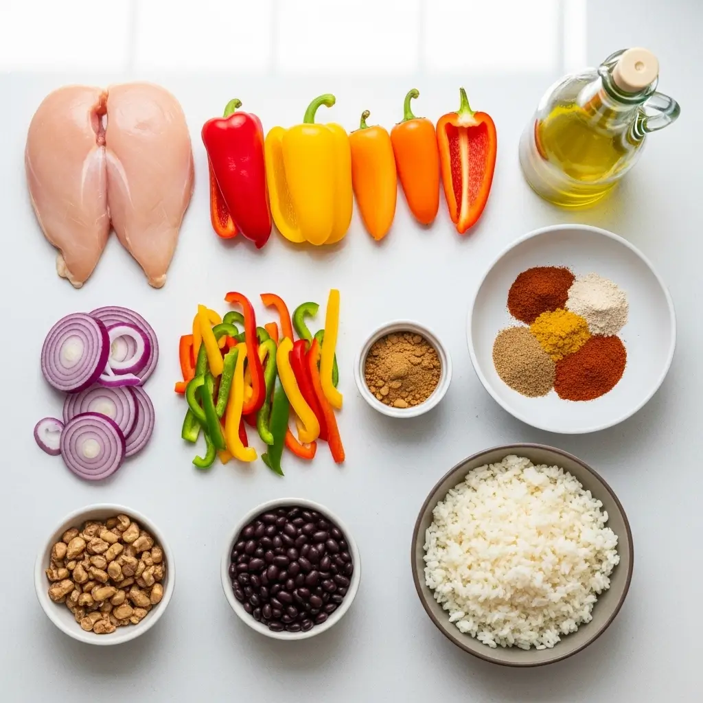 Chicken Fajita Bowl ingredients laid out