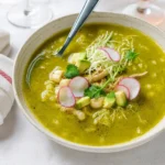 Chicken Pozole Verde soup with toppings