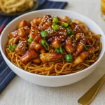 Chicken Teriyaki Noodles in bowl with glossy sauce