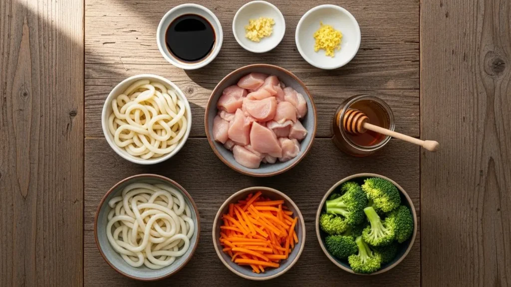 Chicken Teriyaki Noodles ingredients on wooden surface