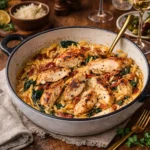Creamy Sun-Dried Tomato Chicken Orzo in skillet