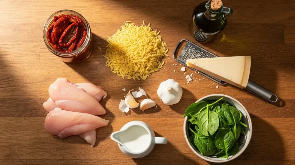 Creamy Sun-Dried Tomato Chicken Orzo ingredients