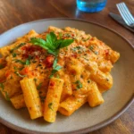 Creamy Tomato Ricotta Pasta in a bowl with basil and Parmesan
