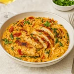 Creamy Tuscan Chicken Orzo in a skillet