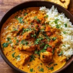 Crockpot Creamy Coconut Chicken Tikka Masala with rice and naan