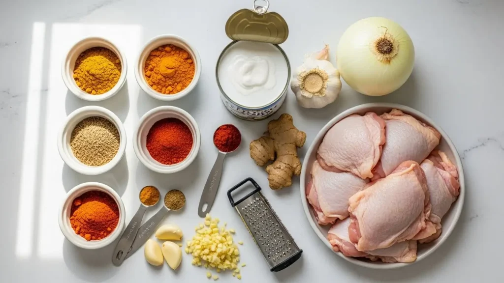 Crockpot Creamy Coconut Chicken Tikka Masala ingredients on counter