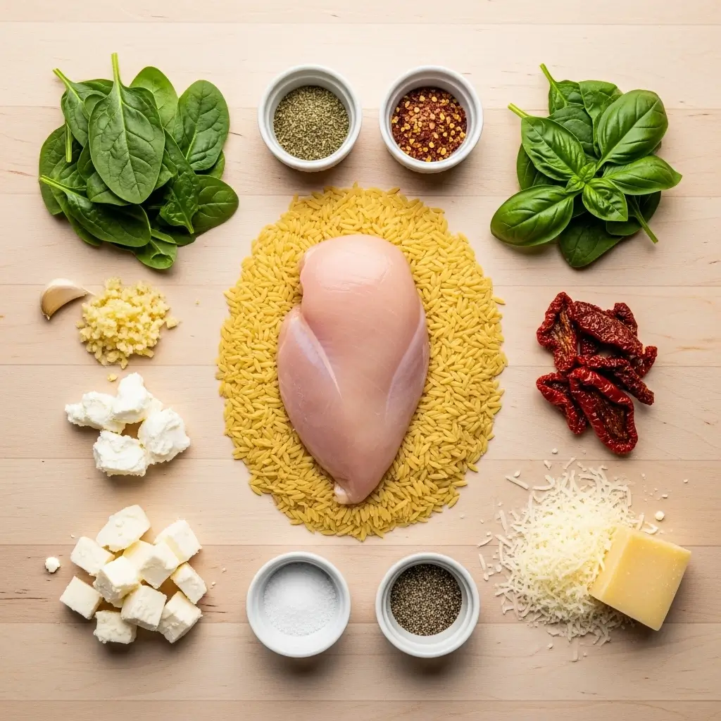 Crockpot Tuscan Chicken Orzo ingredients laid out