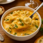 Delicious Curry Dumpling Soup in red curry broth with dumplings and herbs