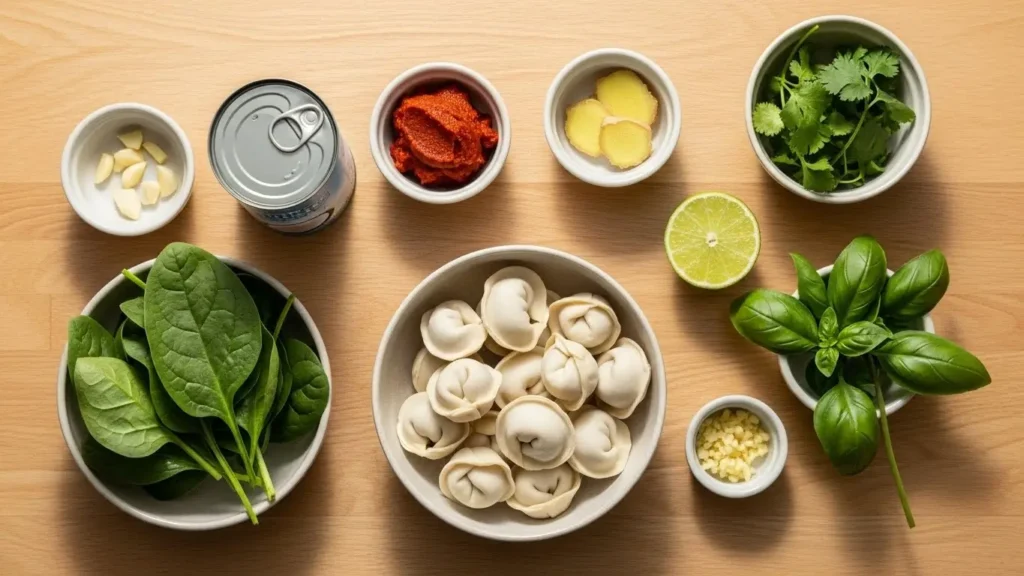 Ingredients for Delicious Curry Dumpling Soup including curry paste, coconut milk, and dumplings