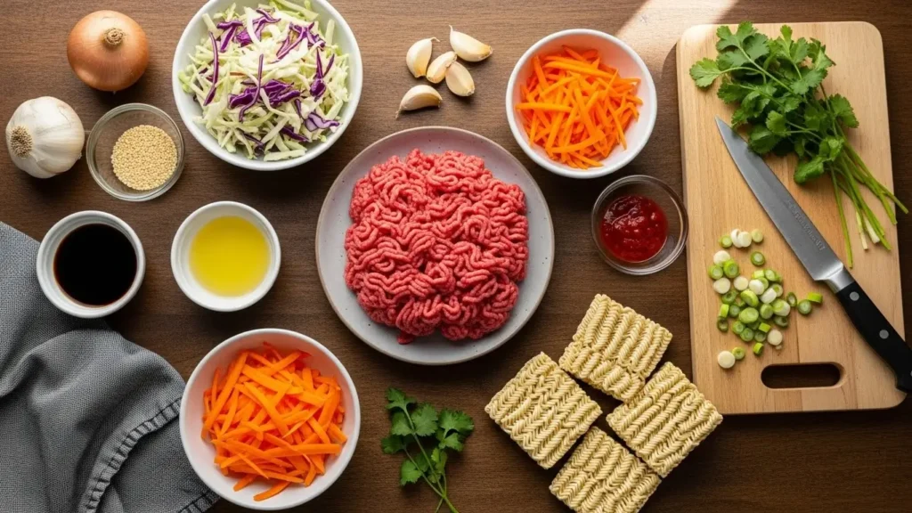 Ingredients for Easiest Slow Cooker Ramen Noodles with Beef
