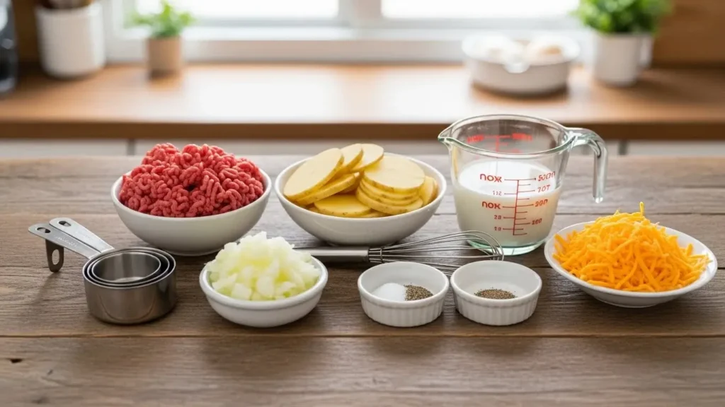 Easy Hamburger Potato Casserole ingredients arranged on counter